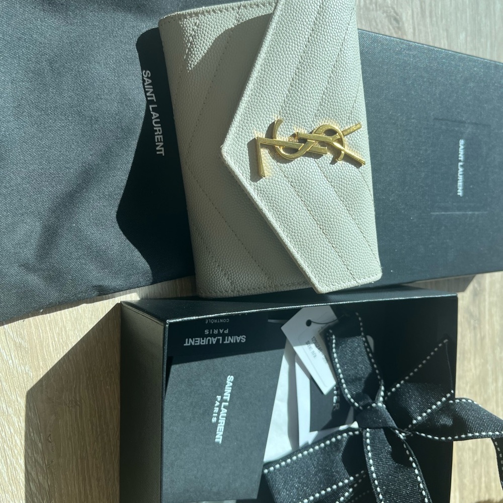 Saint Laurent White Wallet with Gold Accents